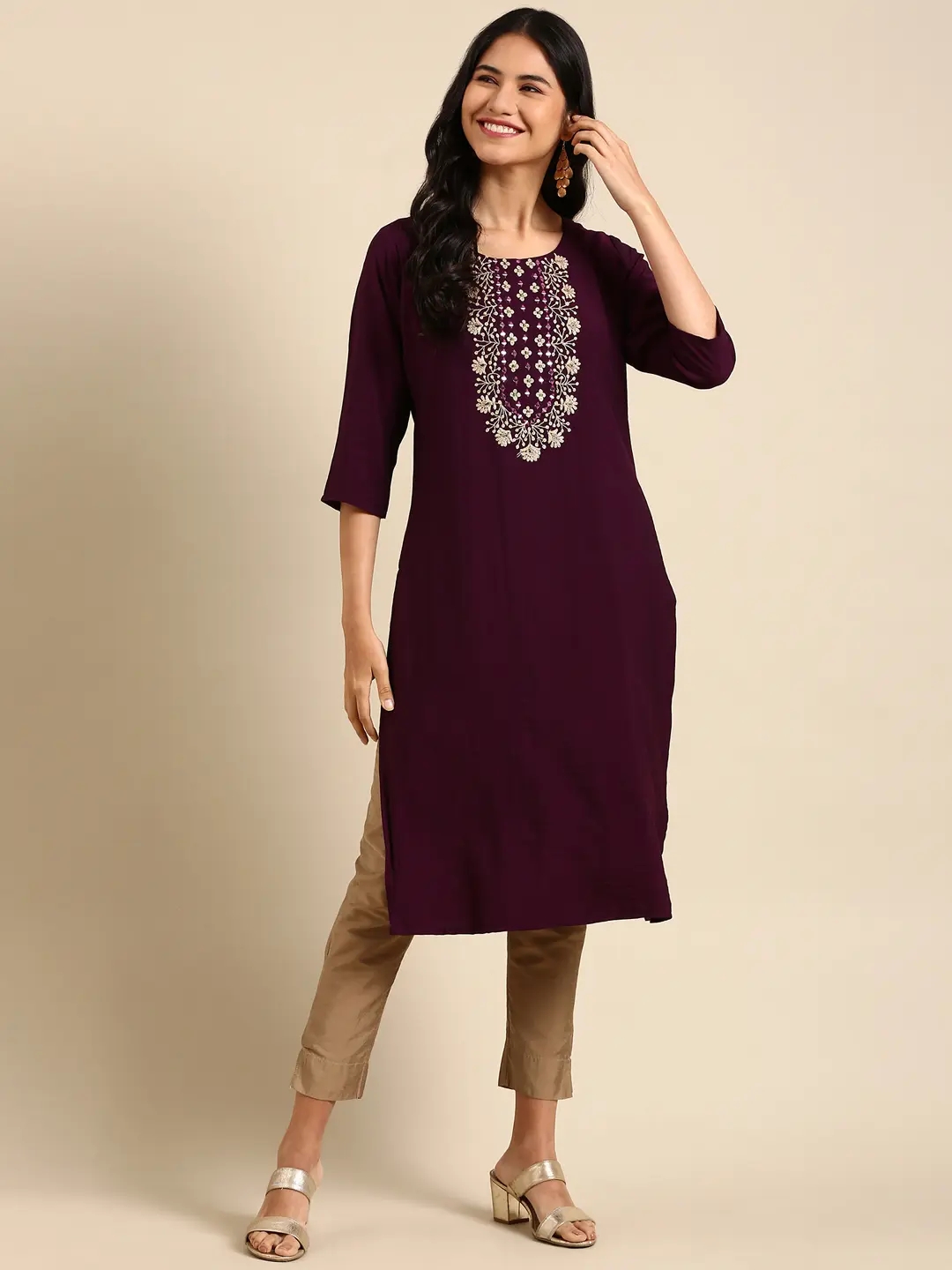 Women's Purple Silk Printed Comfort Fit Kurtas