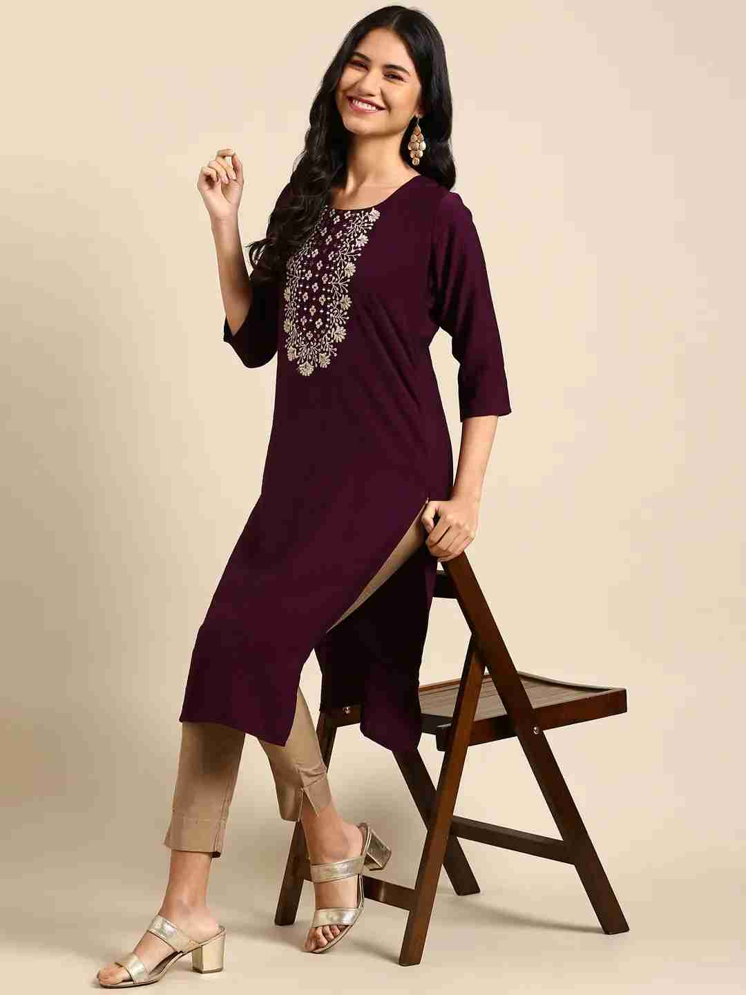 Women's Purple Silk Printed Comfort Fit Kurtas