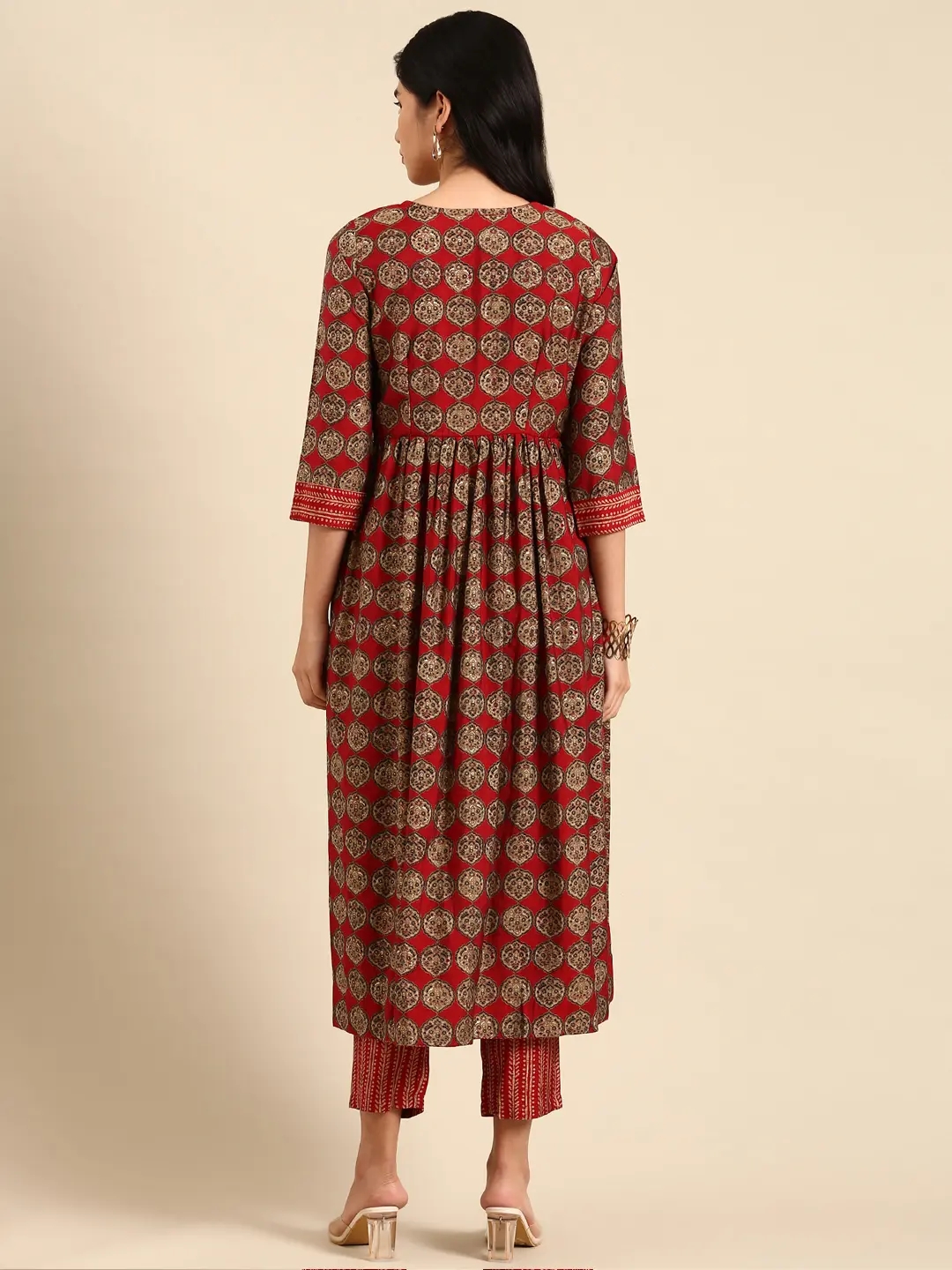 Women's Red Chanderi Printed Comfort Fit Kurta Sets