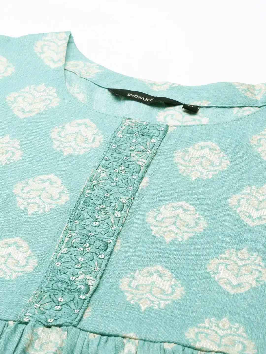 Women's Blue Cotton Blend Printed Comfort Fit Kurta Sets