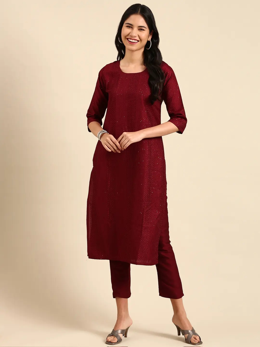 Women's Red Silk Blend Embroidered Comfort Fit Kurta Sets