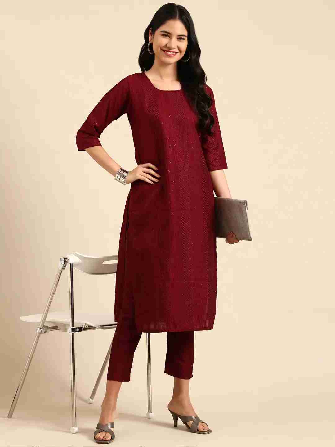 Women's Red Silk Blend Embroidered Comfort Fit Kurta Sets