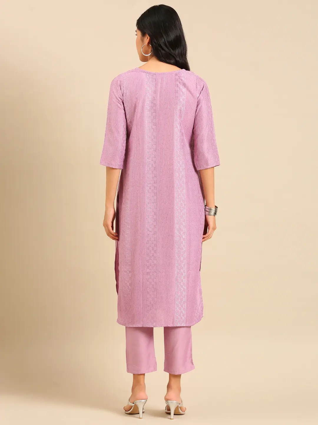 SHOWOFF Women Lavender Embroidered Scoop Neck Three-Quarter Sleeves Mid Length Straight Kurta Set