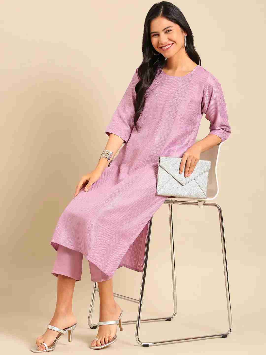 SHOWOFF Women Lavender Embroidered Scoop Neck Three-Quarter Sleeves Mid Length Straight Kurta Set