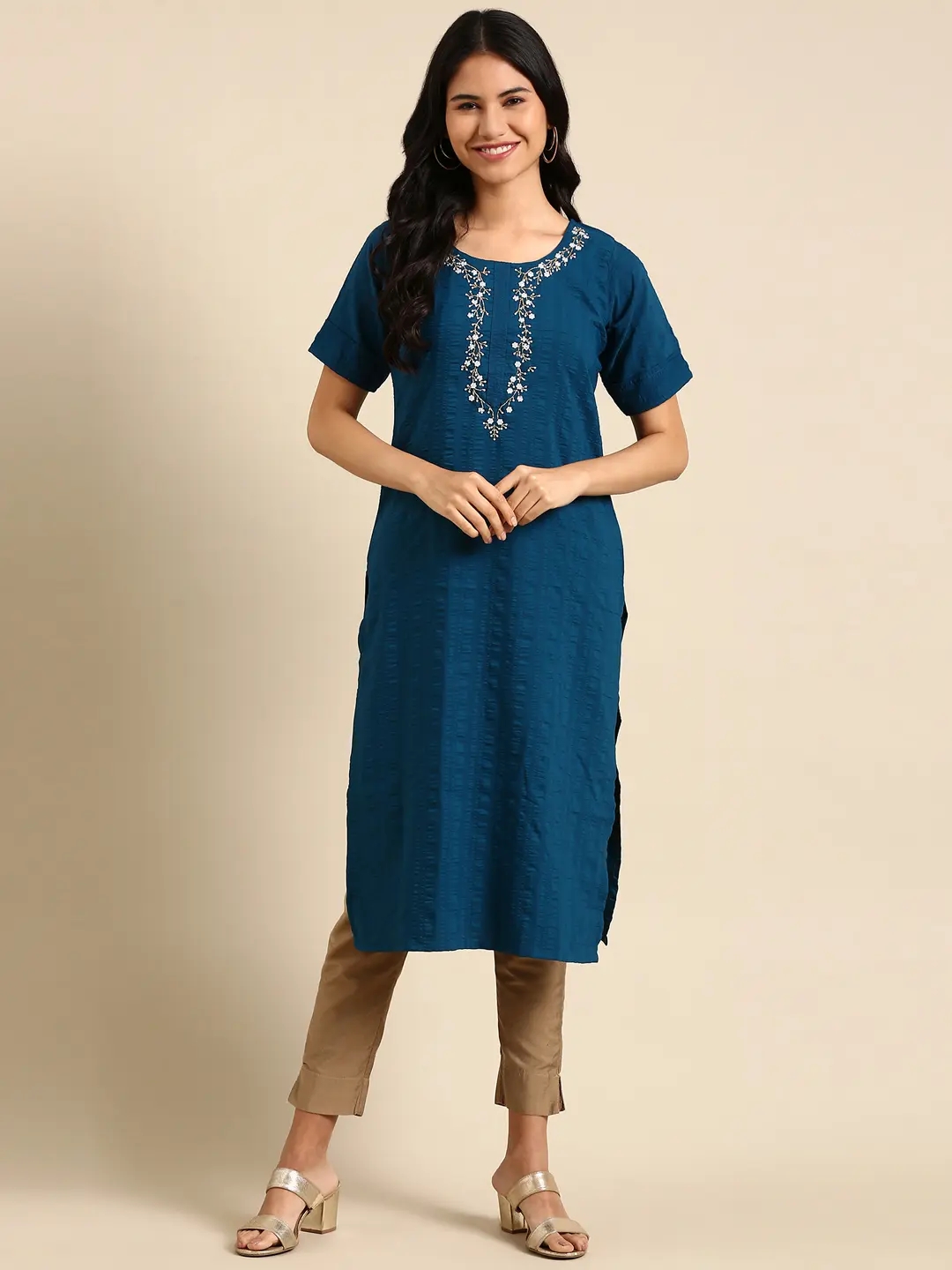 Women's Blue Silk Printed Comfort Fit Kurtas