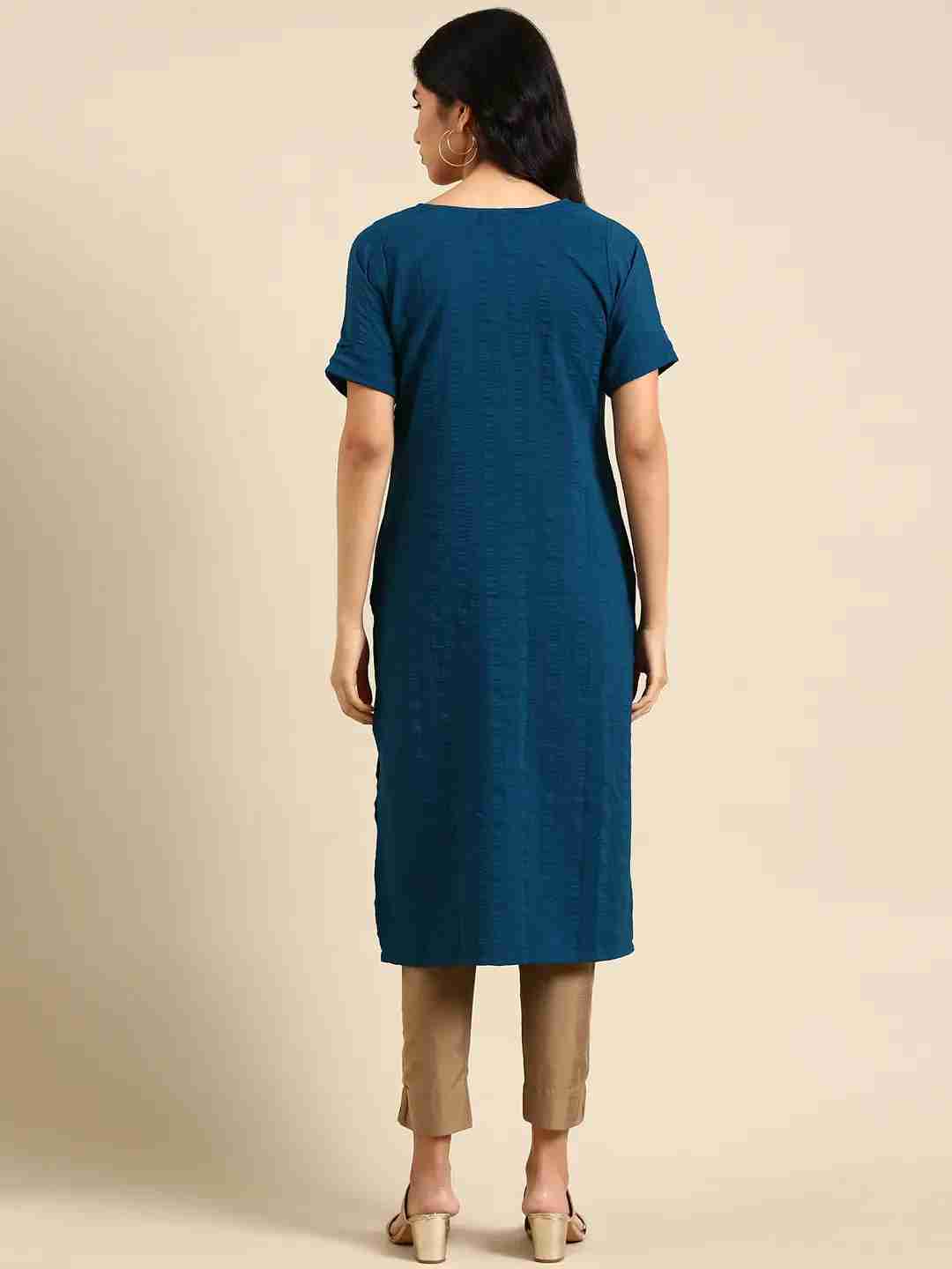 Women's Blue Silk Printed Comfort Fit Kurtas