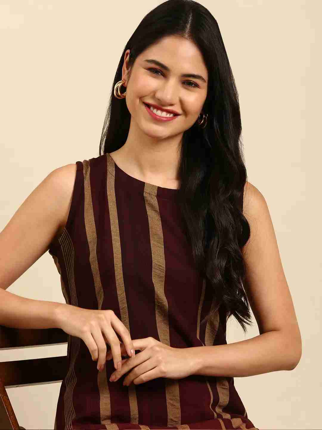 Showoff | SHOWOFF Women Coffee Brown Striped  Round Neck Sleeveless Mid Length Straight Kurta Set