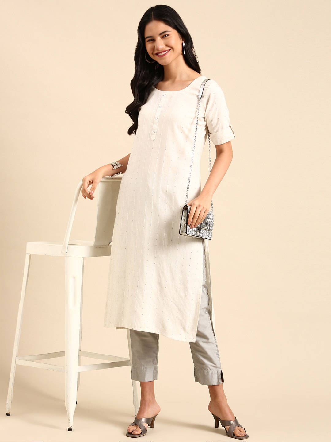 SHOWOFF Women's Round Neck Embellished Off White Straight Kurta