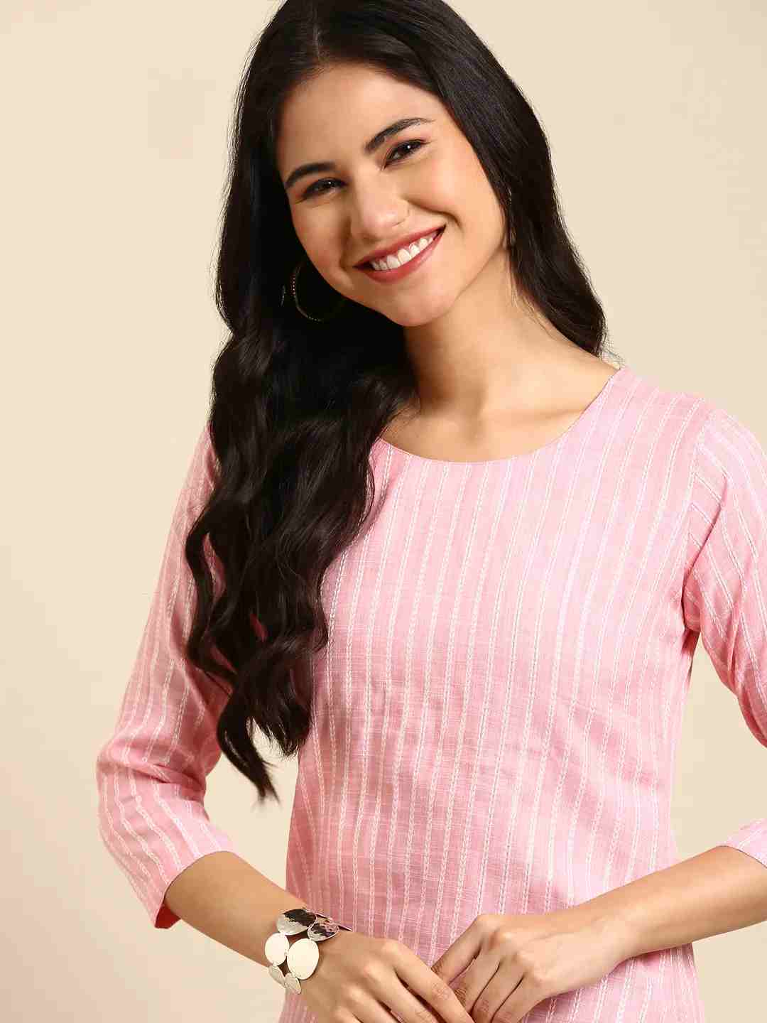 SHOWOFF Women Pink Woven Design Round Neck Three-Quarter Sleeves Mid Length Straight Kurta