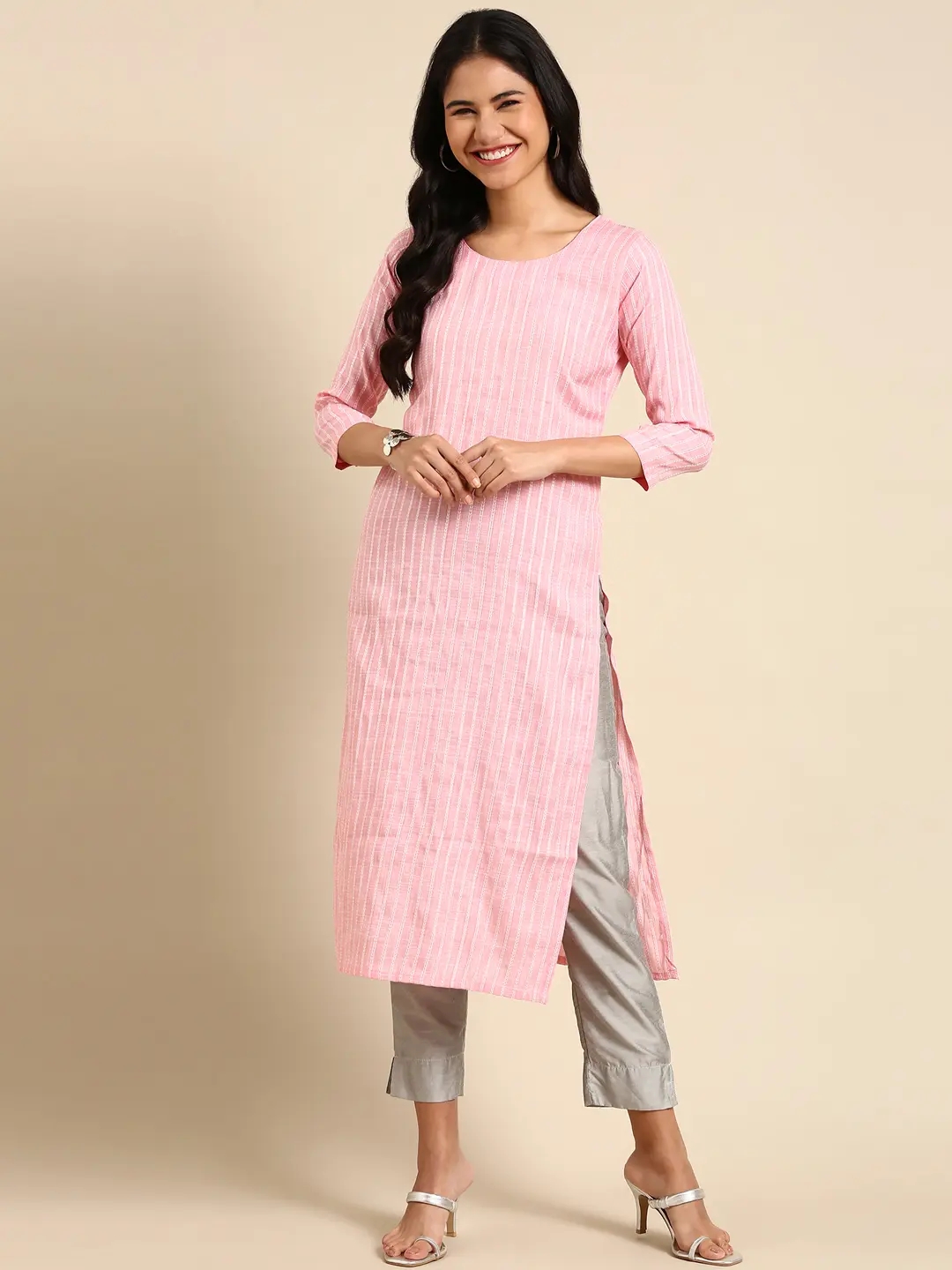 SHOWOFF Women Pink Woven Design Round Neck Three-Quarter Sleeves Mid Length Straight Kurta