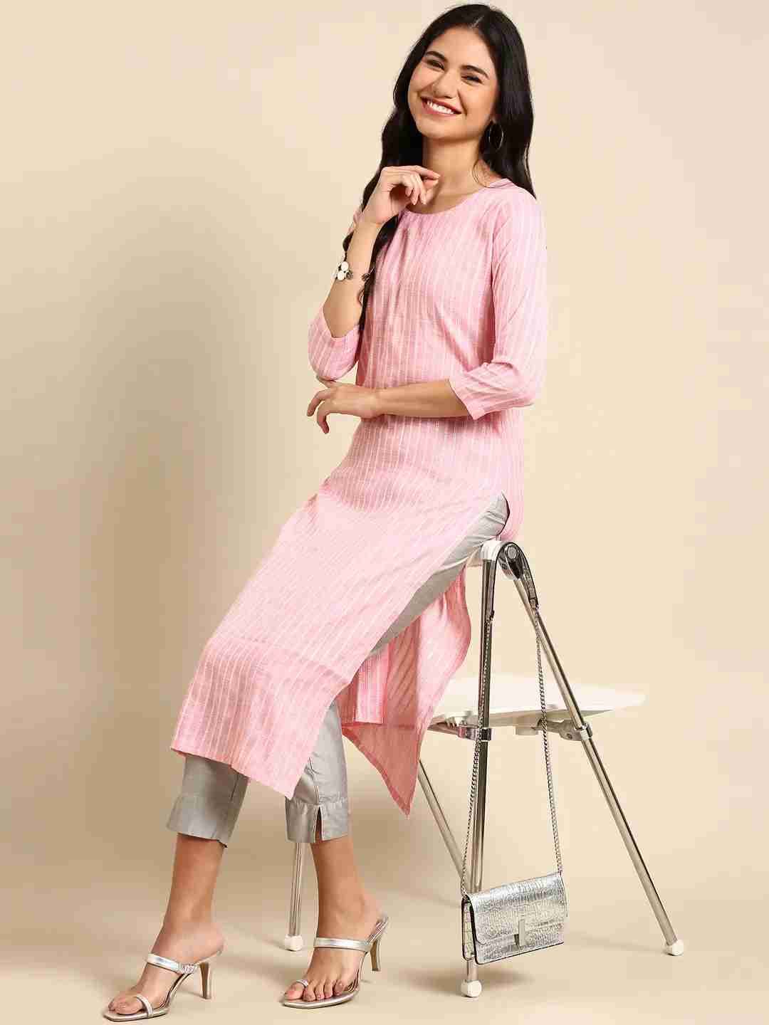 SHOWOFF Women Pink Woven Design Round Neck Three-Quarter Sleeves Mid Length Straight Kurta