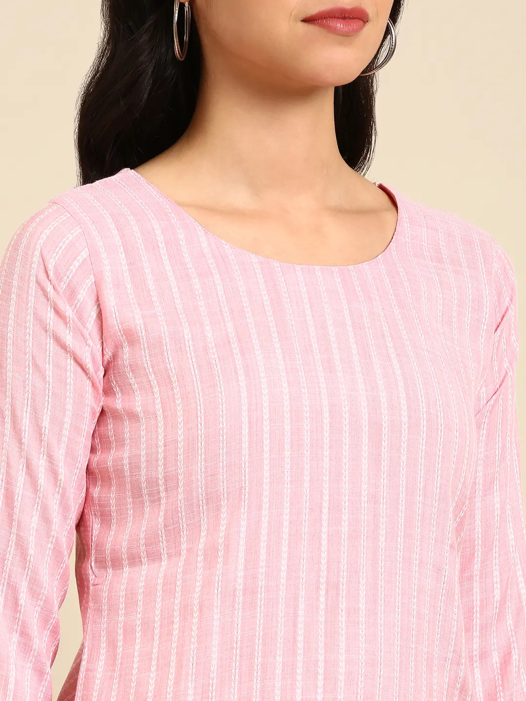 SHOWOFF Women Pink Woven Design Round Neck Three-Quarter Sleeves Mid Length Straight Kurta