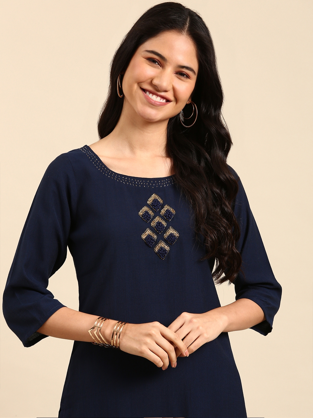 Showoff | SHOWOFF Women Navy Blue Embroidered  Scoop Neck Three-Quarter Sleeves Mid Length Straight Kurta Set