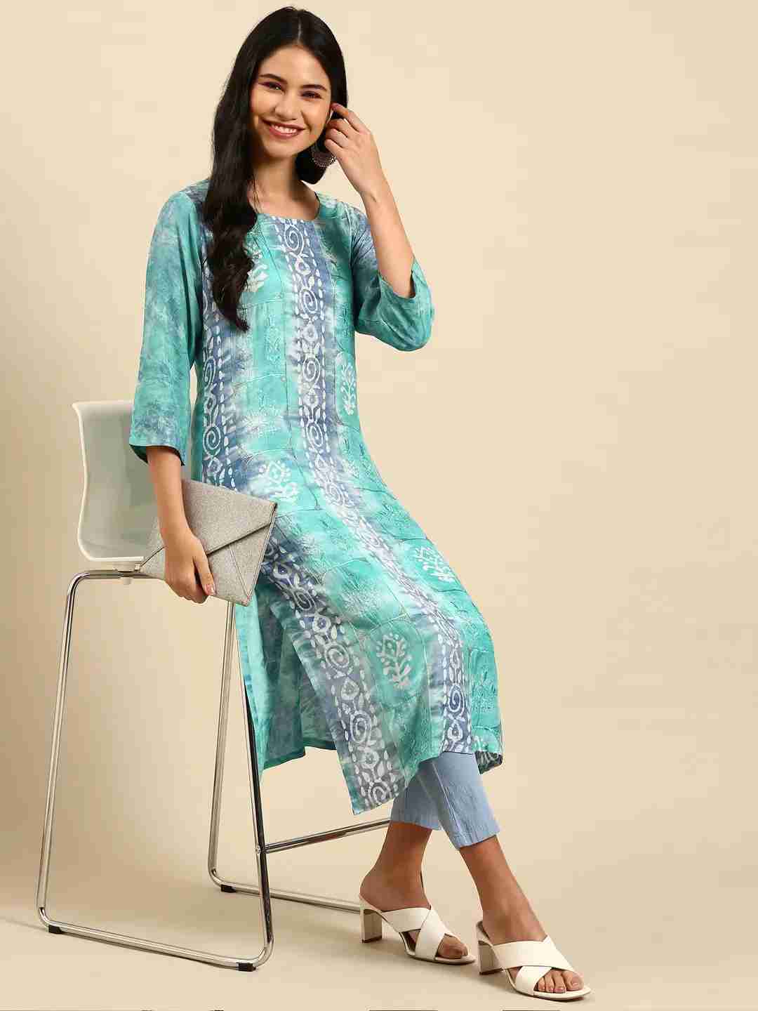 Women's Green Chanderi Tie Dye Comfort Fit Kurtas