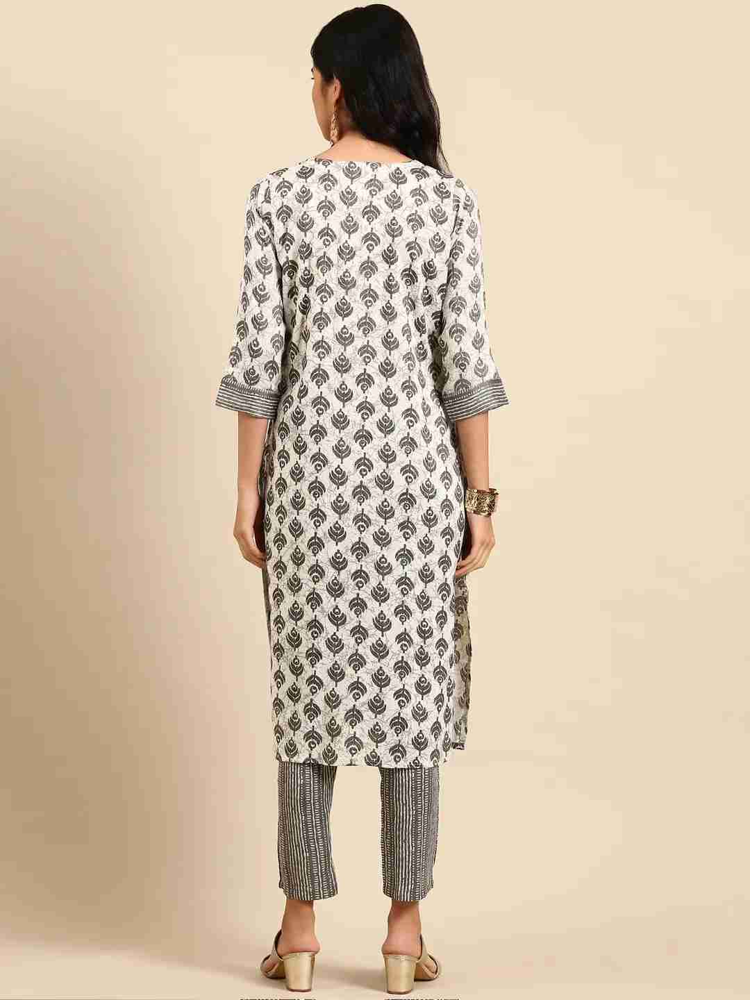 Women's White Viscose Rayon Printed Comfort Fit Kurta Sets