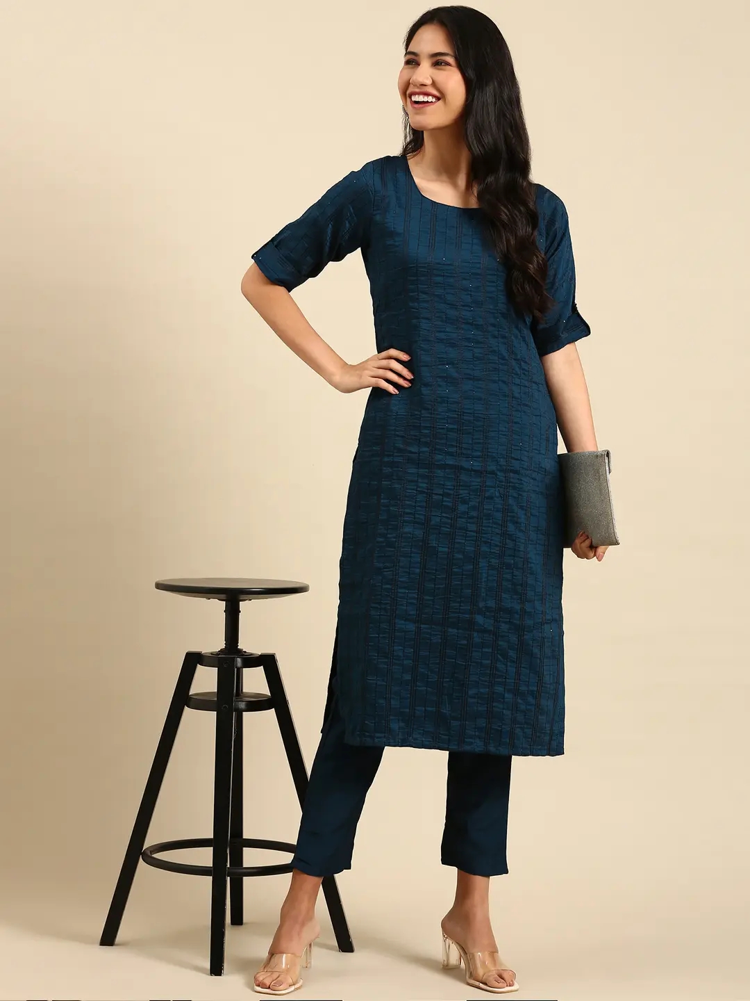SHOWOFF Women Teal Self Design Scoop Neck Three-Quarter Sleeves Mid Length Straight Kurta Set