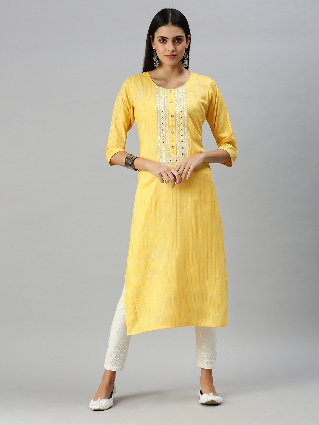 Women's Yellow Cotton Blend Striped Regular Kurtas