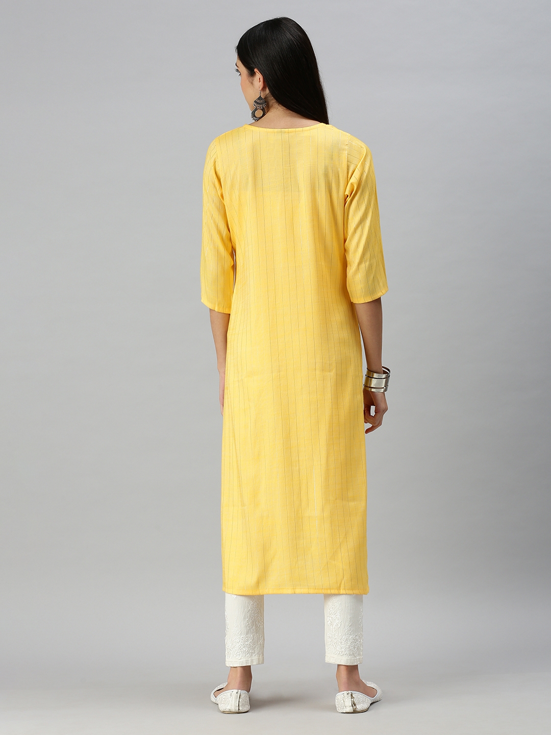 Women's Yellow Cotton Blend Striped Regular Kurtas