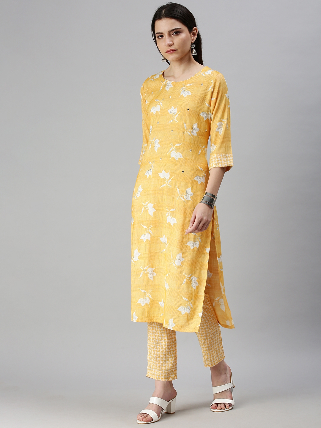 SHOWOFF Women Yellow Printed Round Neck Three-Quarter Sleeves Mid Length Straight Kurta Set