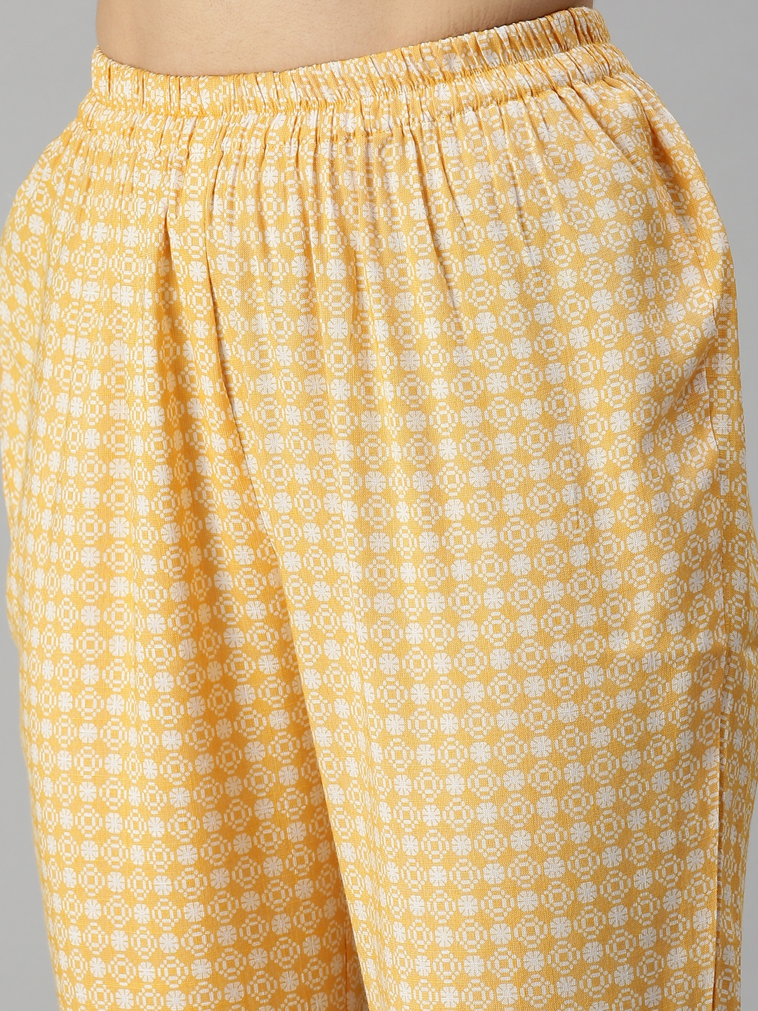 SHOWOFF Women Yellow Printed Round Neck Three-Quarter Sleeves Mid Length Straight Kurta Set
