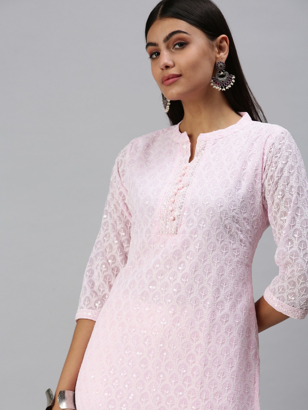 SHOWOFF Women Pink Ethnic Motifs Mandarin Collar Three-Quarter Sleeves Mid Length Straight Kurta