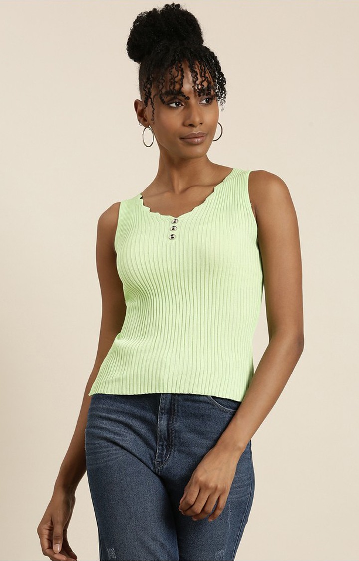 Showoff | SHOWOFF Women's V-Neck Solid Sleeveless Fluorescent Green Tank Top