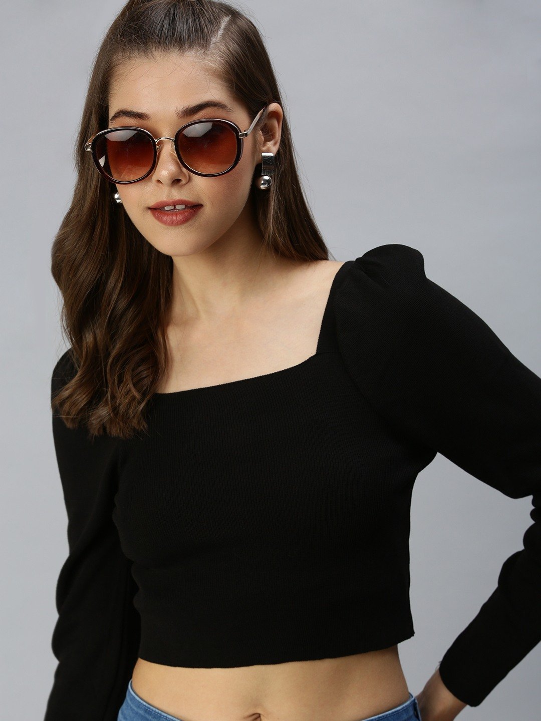 Women's Black Cotton Blend Solid Tops