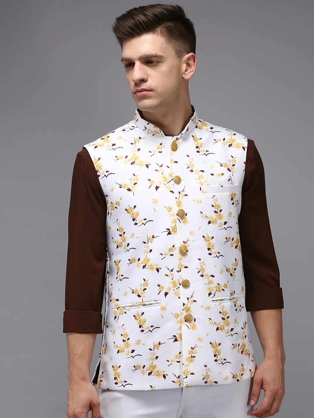 Men's White Cotton Blend Printed Comfort Fit Ethnic Jackets