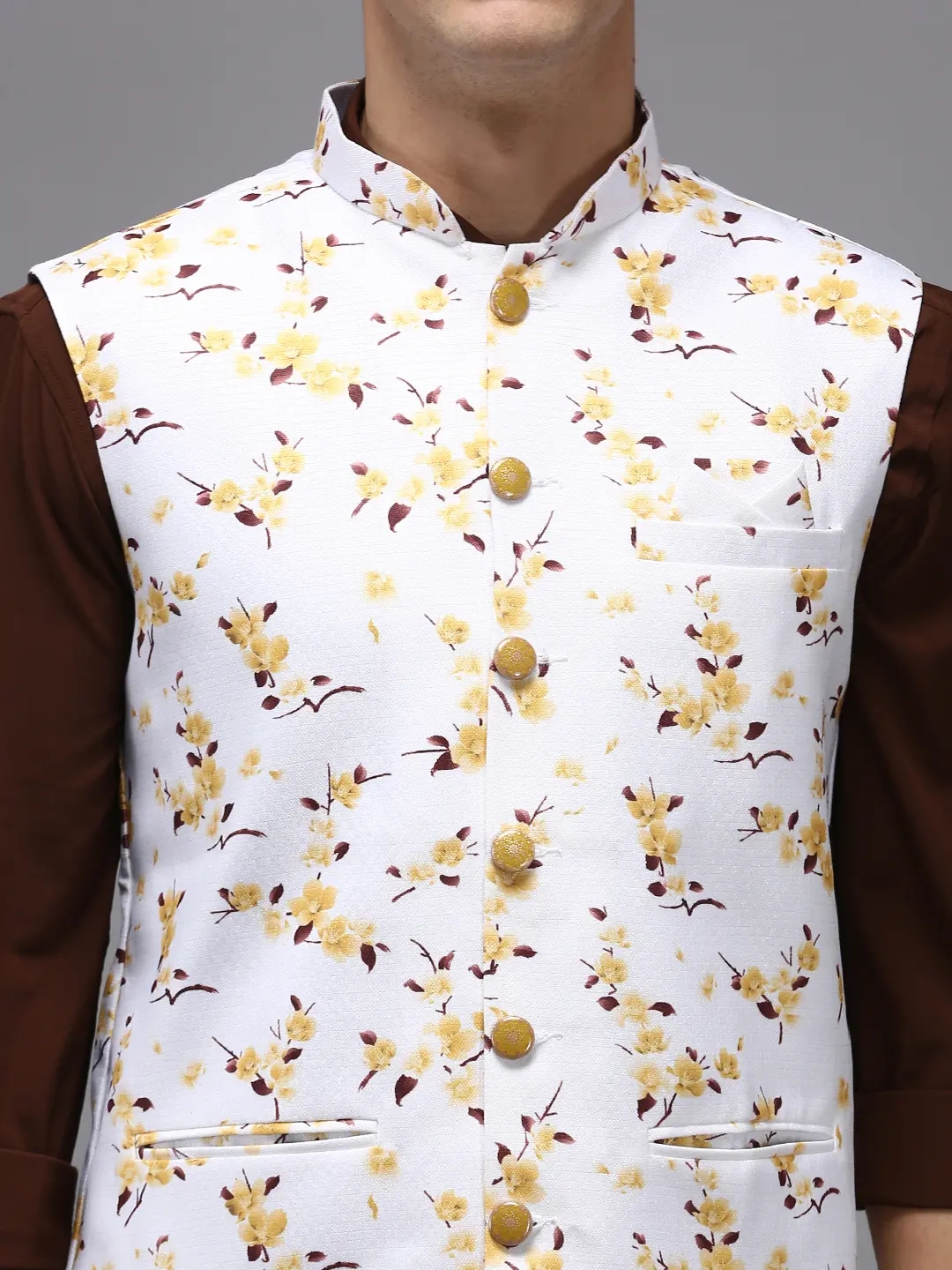 Men's White Cotton Blend Printed Comfort Fit Ethnic Jackets