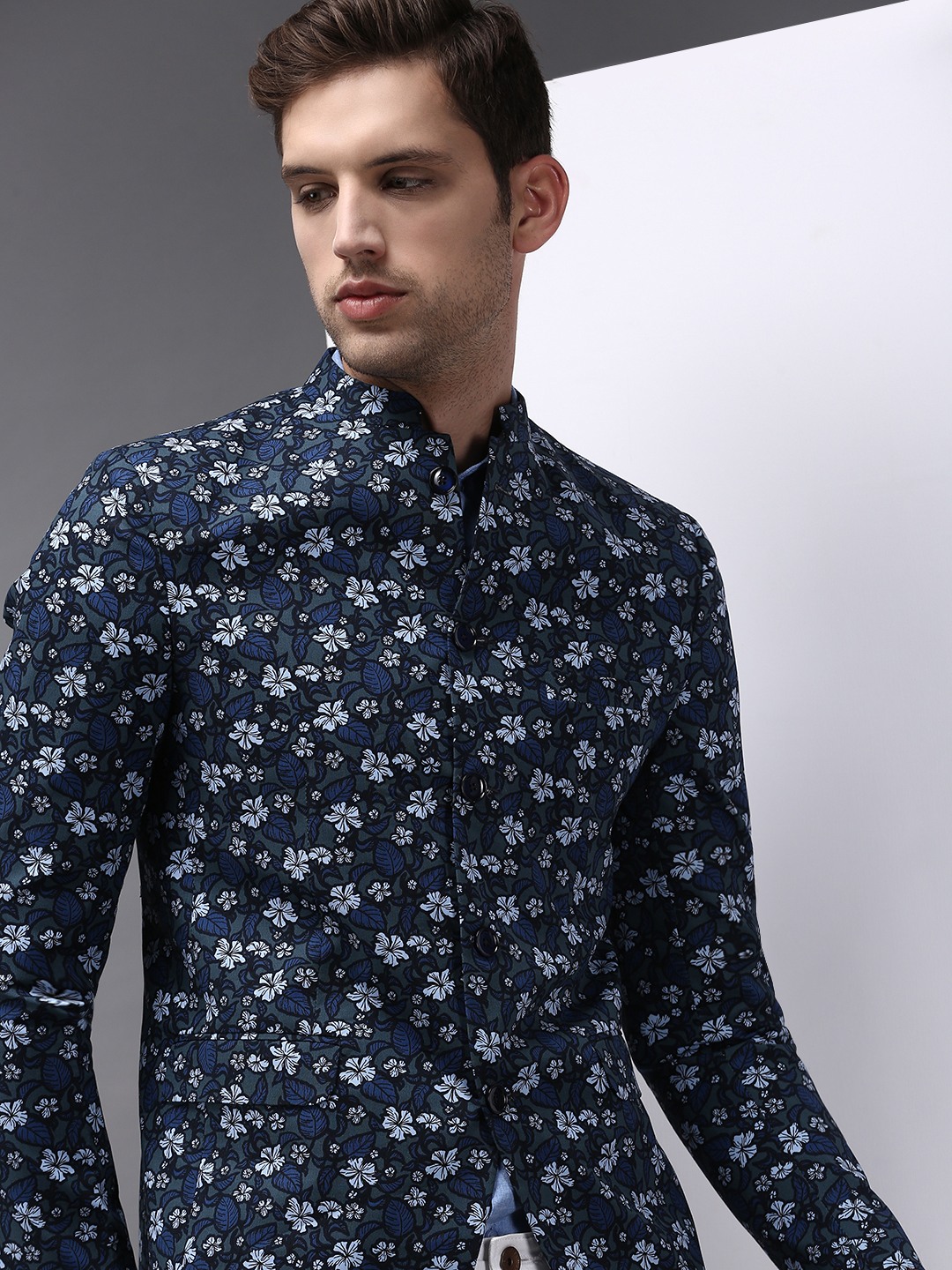 SHOWOFF Men Grey Printed  Mandarin Collar Full Sleeves Open Front Blazer