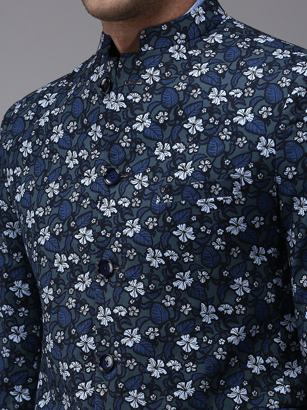 SHOWOFF Men Grey Printed  Mandarin Collar Full Sleeves Open Front Blazer