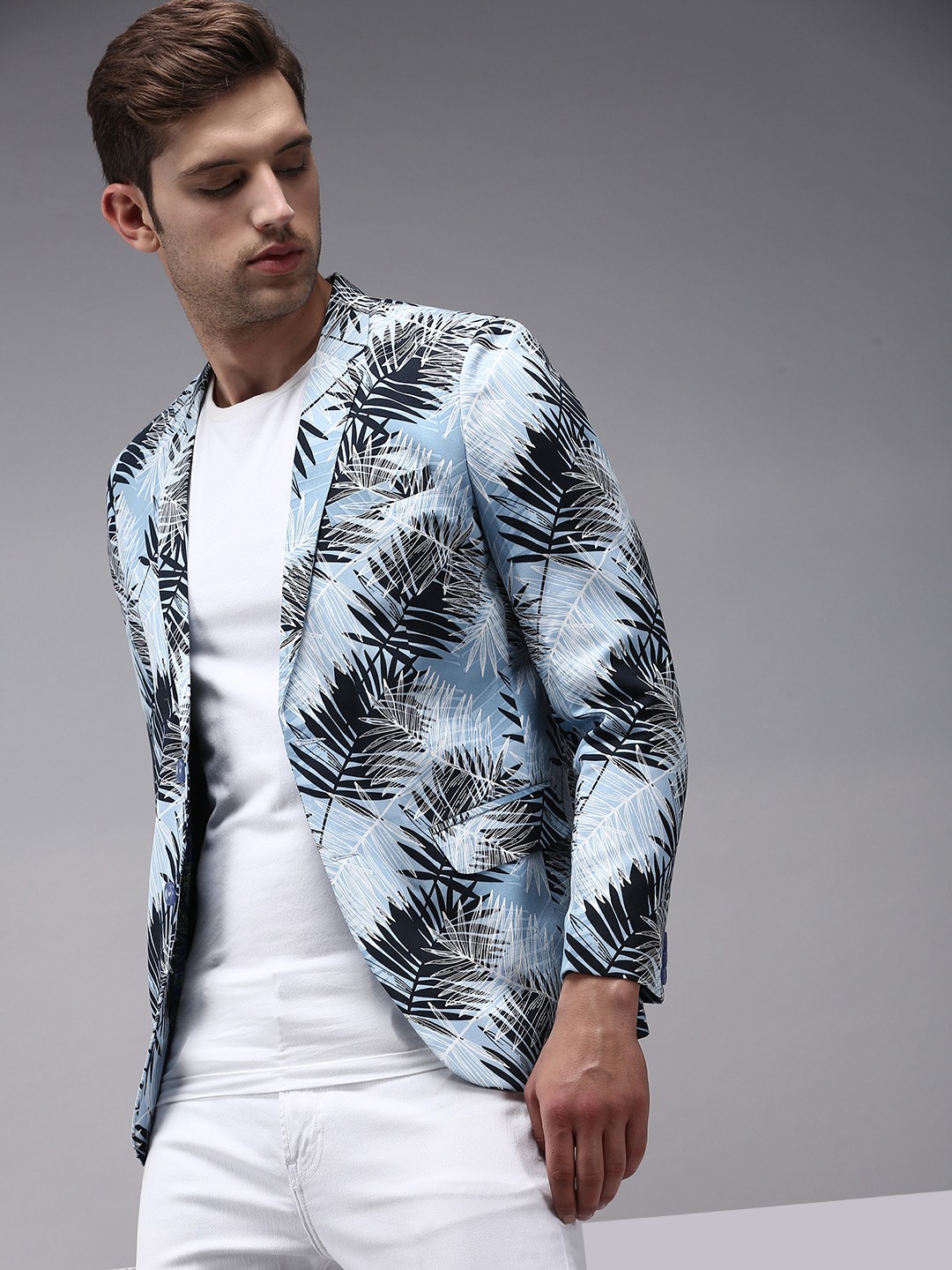 SHOWOFF Men's Mandarin Collar Blue Printed Blazer