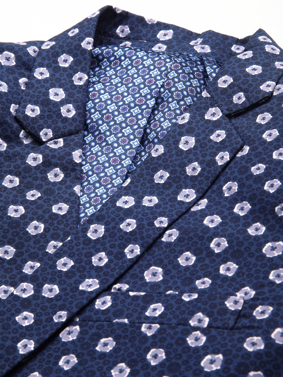SHOWOFF Men's Mandarin Collar Navy Blue Printed Blazer
