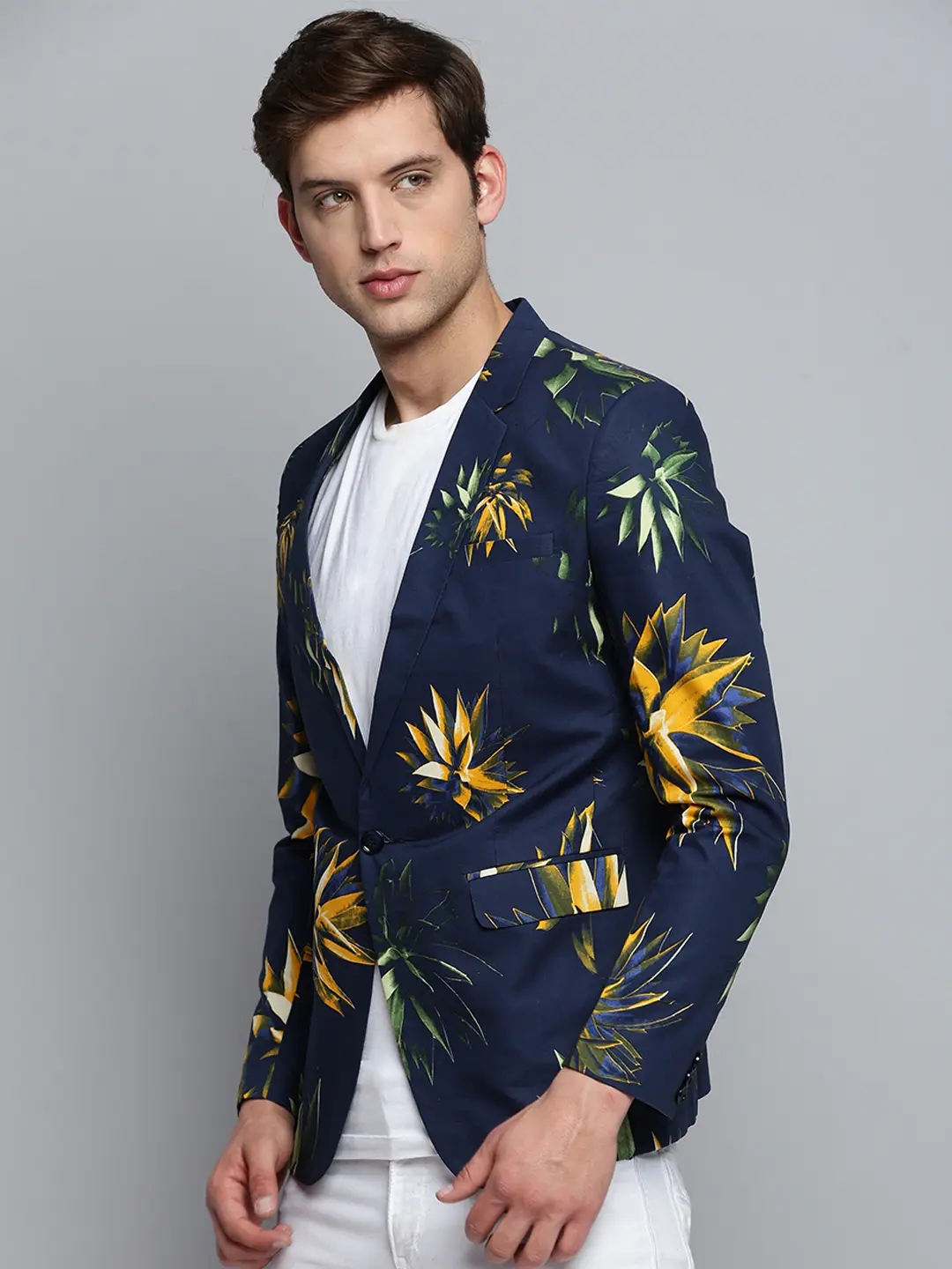 SHOWOFF Men's Printed Notched Lapel Navy Blue Single-Breasted Blazer