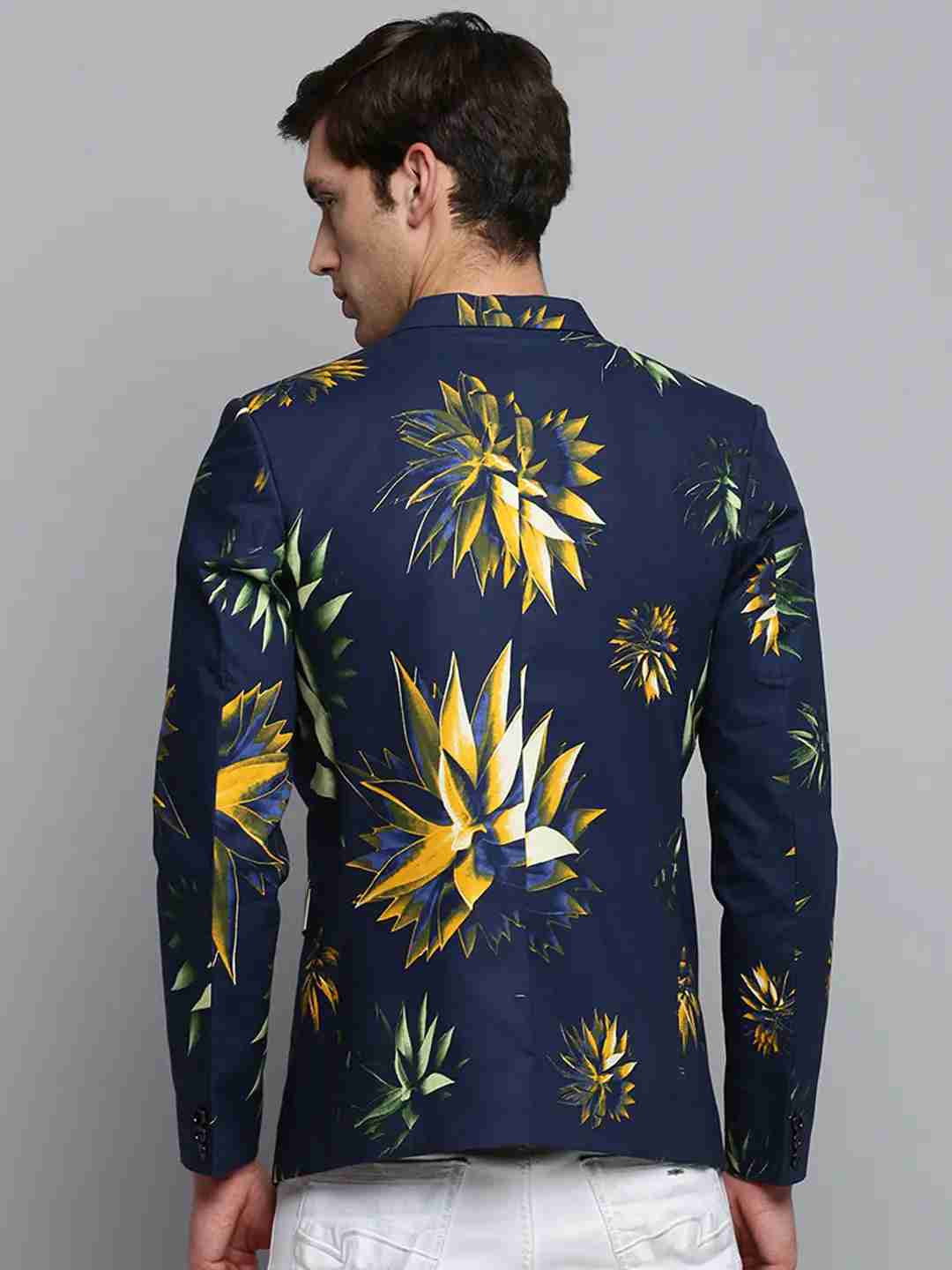 SHOWOFF Men's Printed Notched Lapel Navy Blue Single-Breasted Blazer