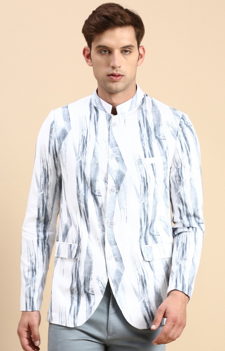 Showoff | SHOWOFF Men's Printed Mandarin Collar Slim Fit Bandhgala White Blazer