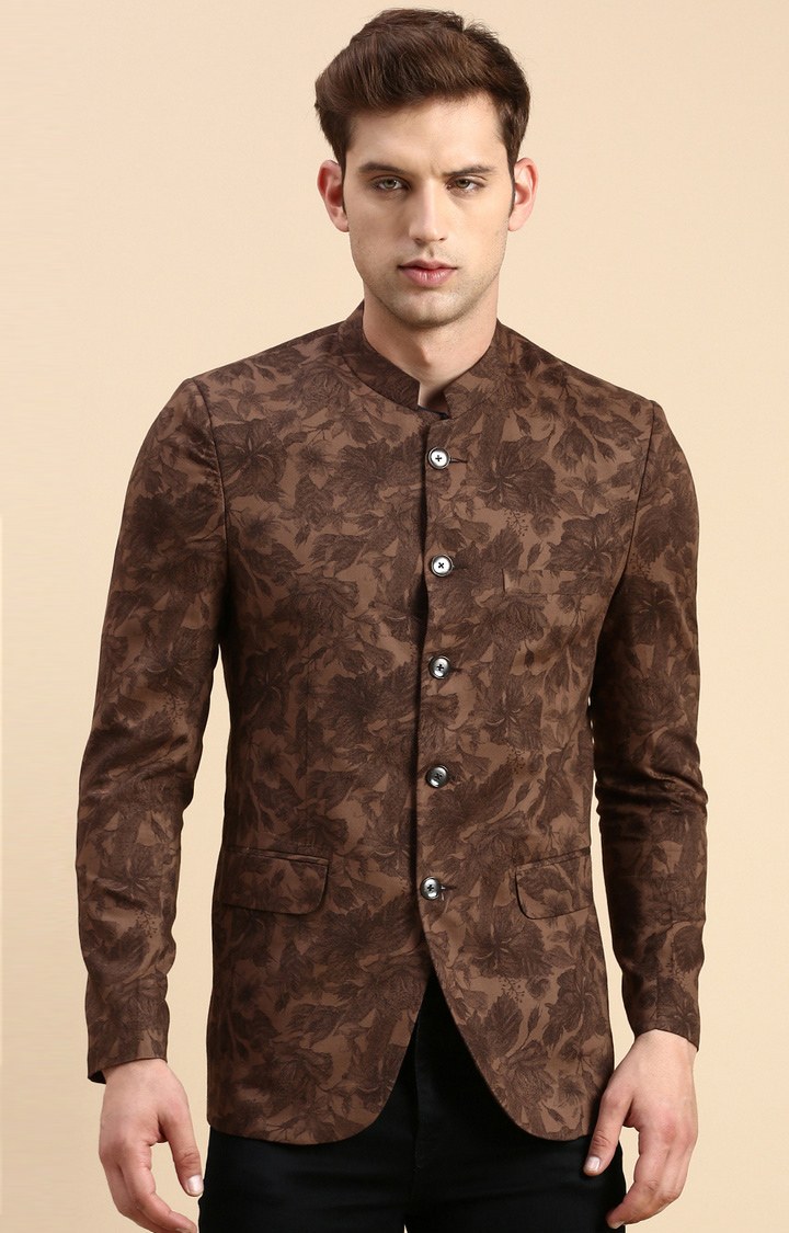 Showoff | SHOWOFF Men's Printed Mandarin Collar Slim Fit Bandhgala Brown Blazer