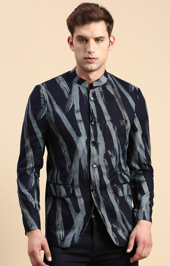 Showoff | SHOWOFF Men's Printed Mandarin Collar Slim Fit Bandhgala Navy Blue Blazer