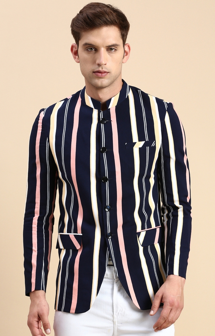 Showoff | SHOWOFF Men's Striped Mandarin Collar Slim Fit Bandhgala Navy Blue Blazer