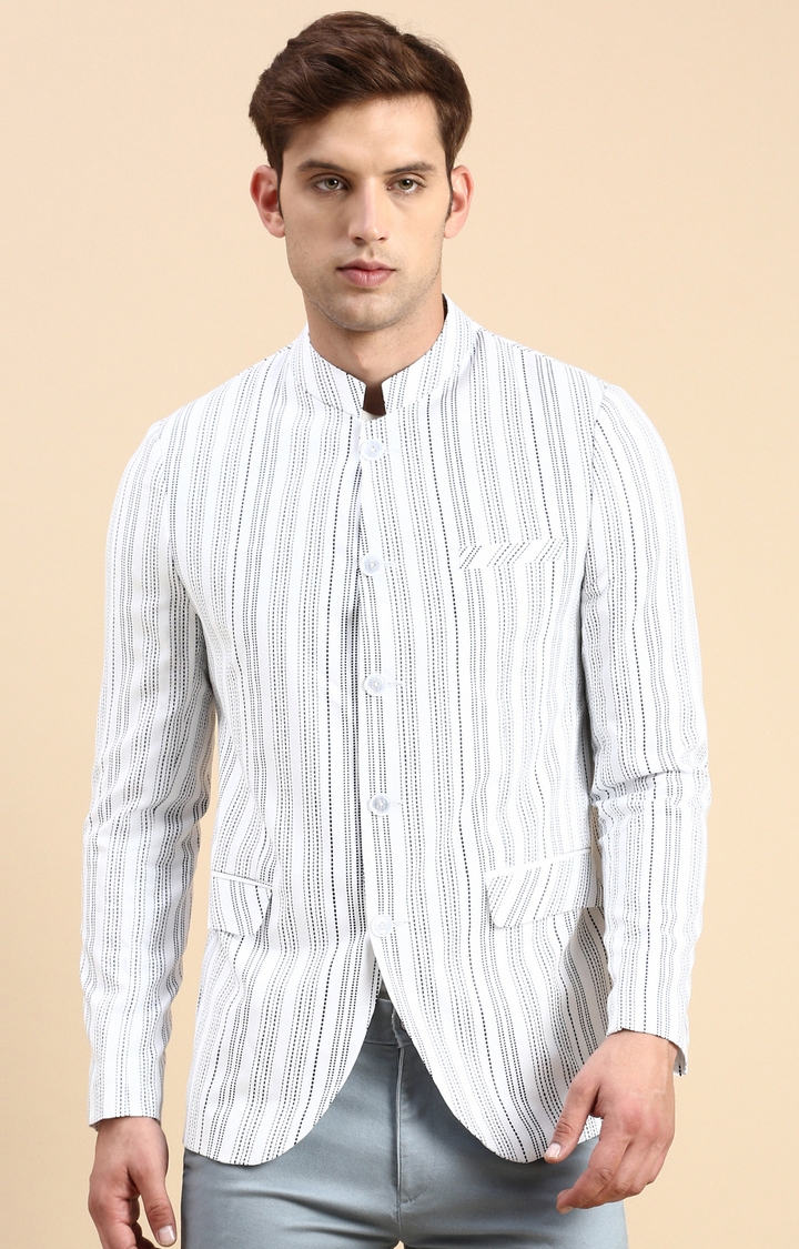 Showoff | SHOWOFF Men's Striped Mandarin Collar Slim Fit Bandhgala White Blazer