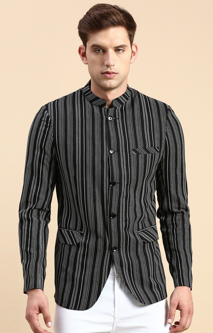 Showoff | SHOWOFF Men's Striped Mandarin Collar Slim Fit Bandhgala Black Blazer