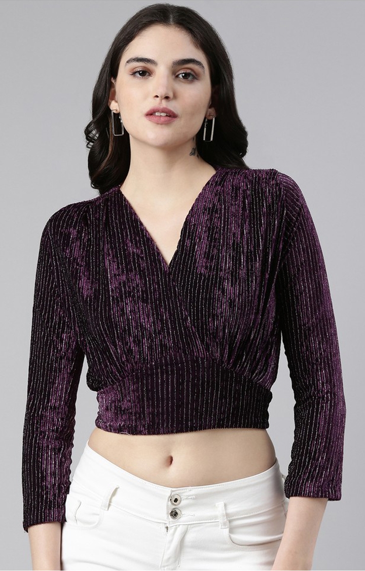 SHOWOFF Women's V-Neck Regular Sleeves Self Design Cinched Waist Purple Crop Top