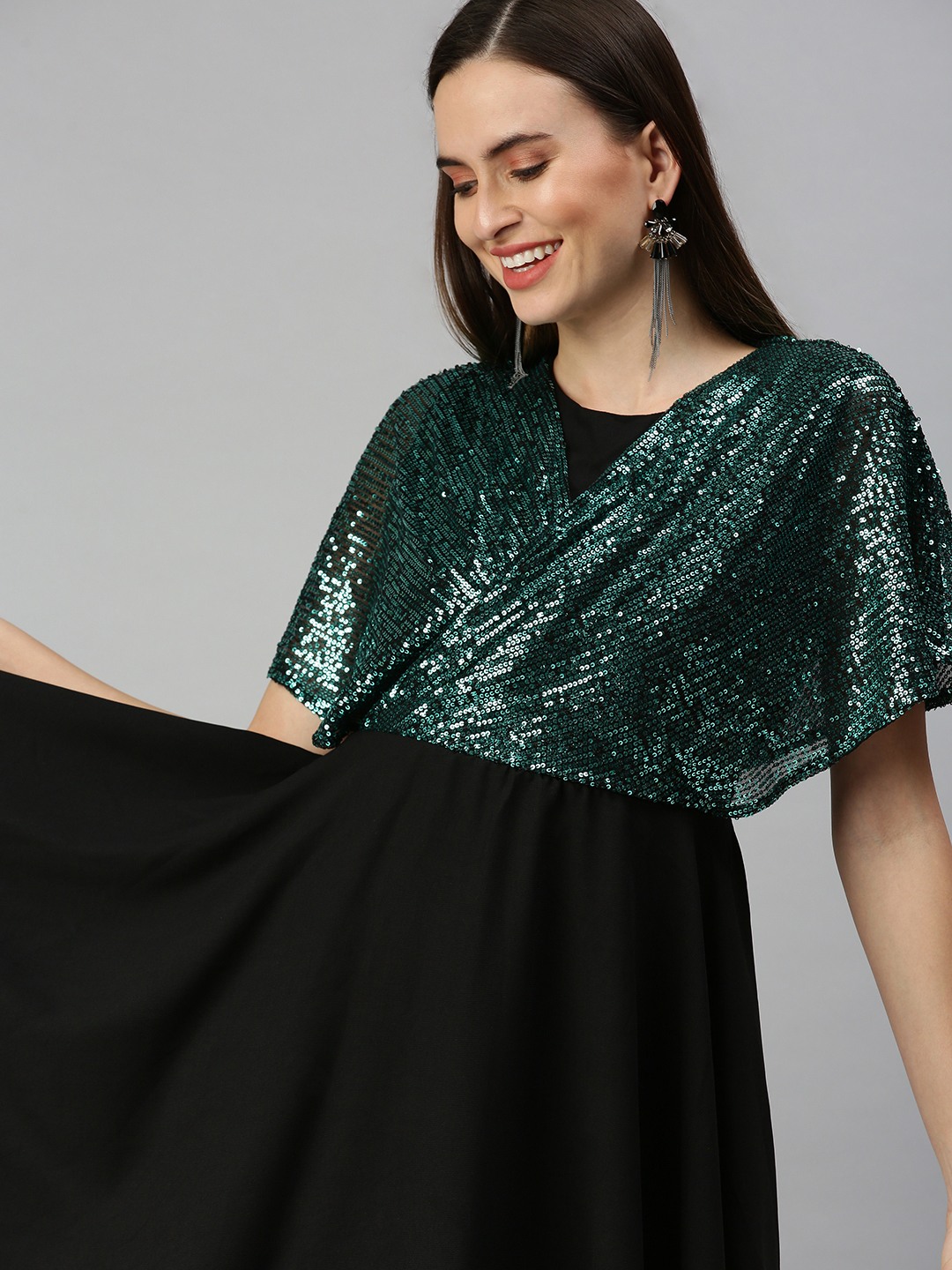 Women's Black Polyester Embellished Dresses