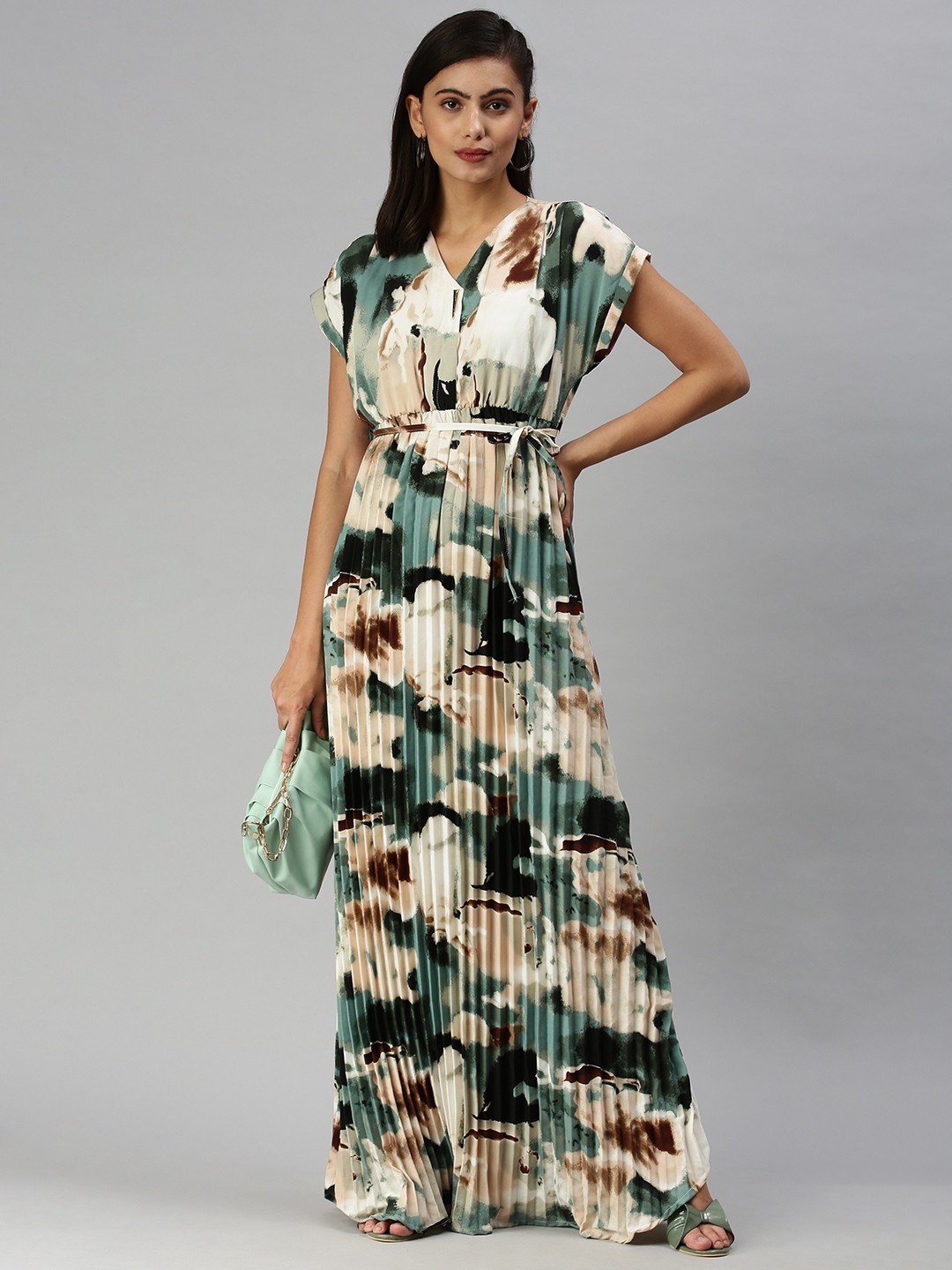 SHOWOFF Women Multi Printed V Neck Short Sleeves Maxi Dress