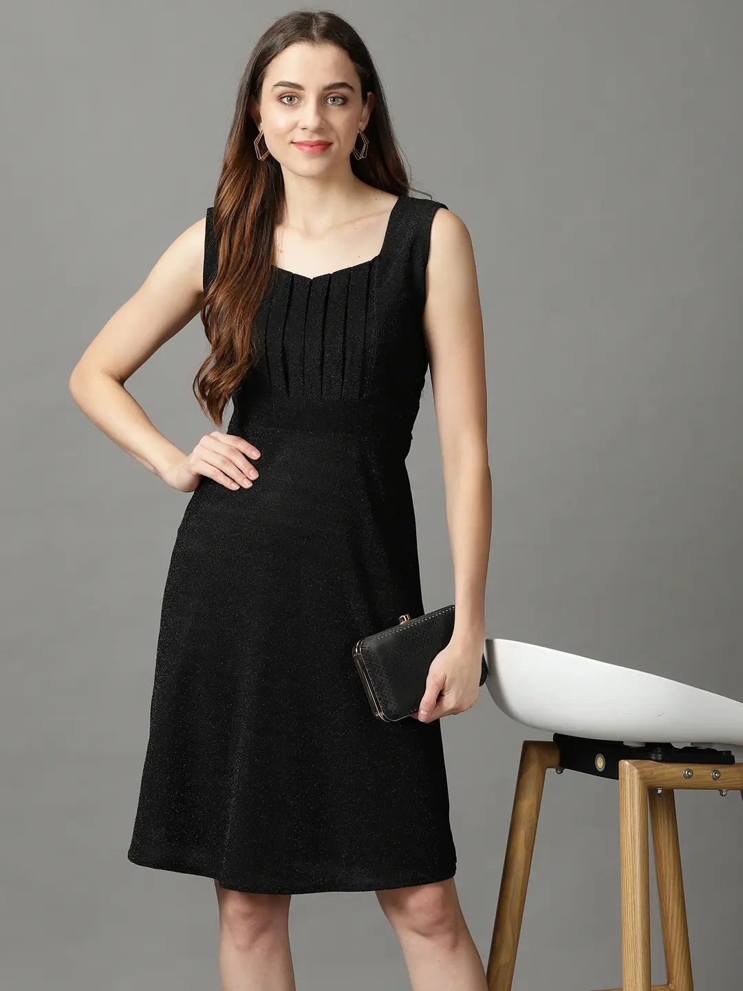 SHOWOFF Women's A-Line Black Self Design Knee Length Dress