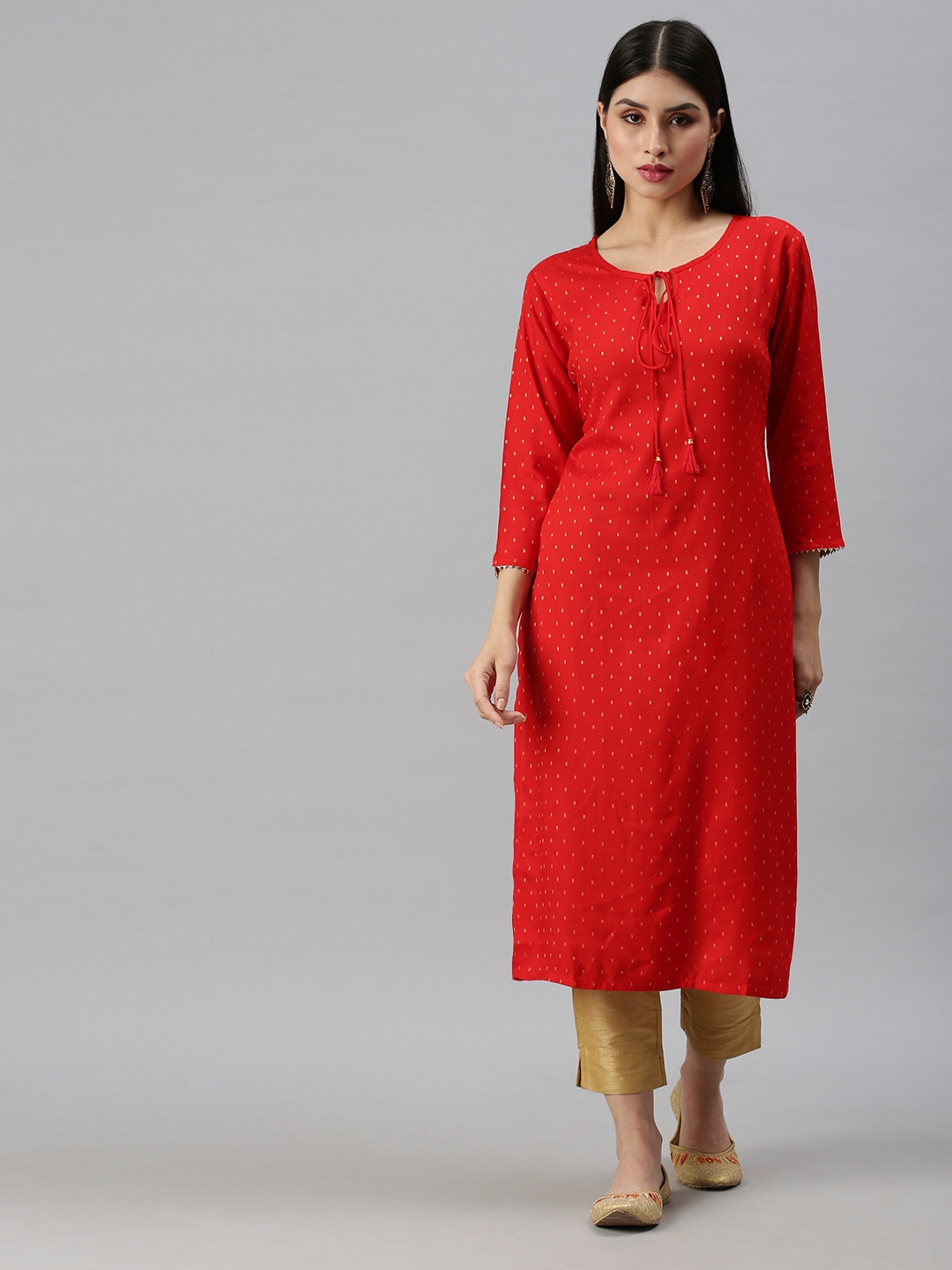 Women's Red Cotton Blend Printed Regular Kurtas