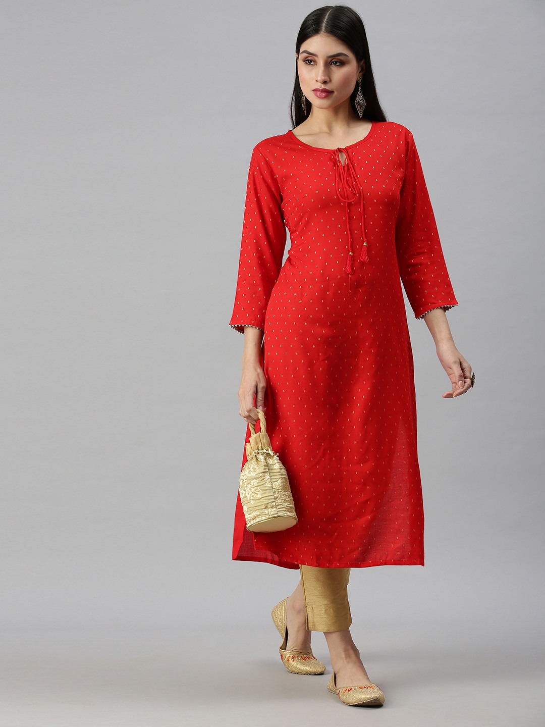 Women's Red Cotton Blend Printed Regular Kurtas