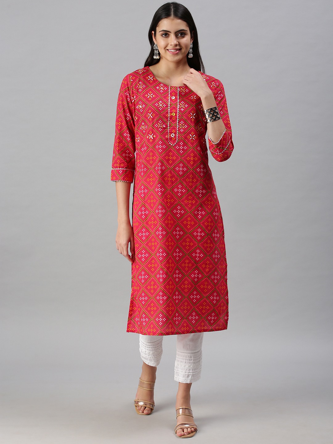 Women's Pink Cotton Blend Printed Regular Kurtas