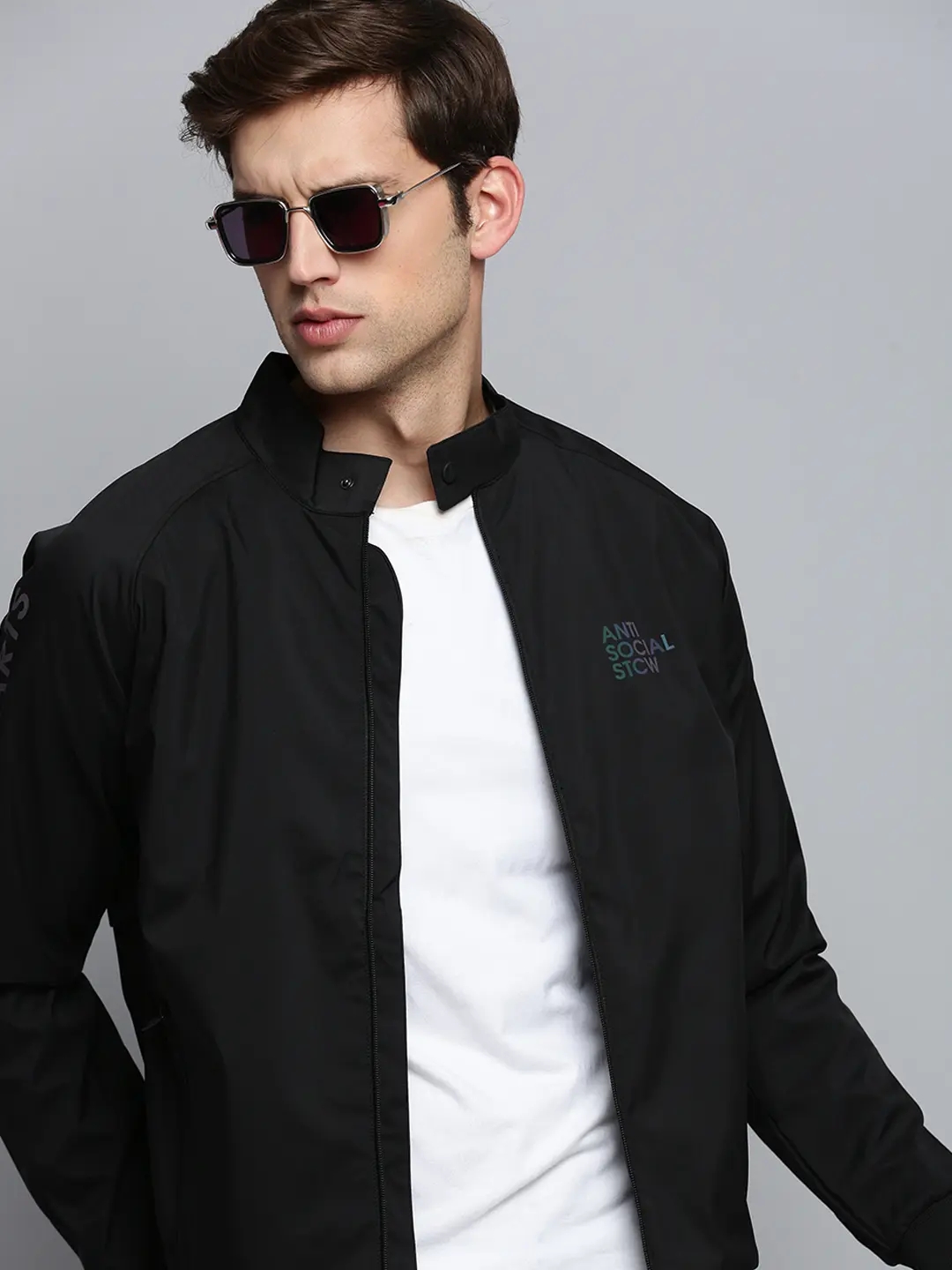 SHOWOFF Men's Mock Collar Solid Black Open Front Jacket