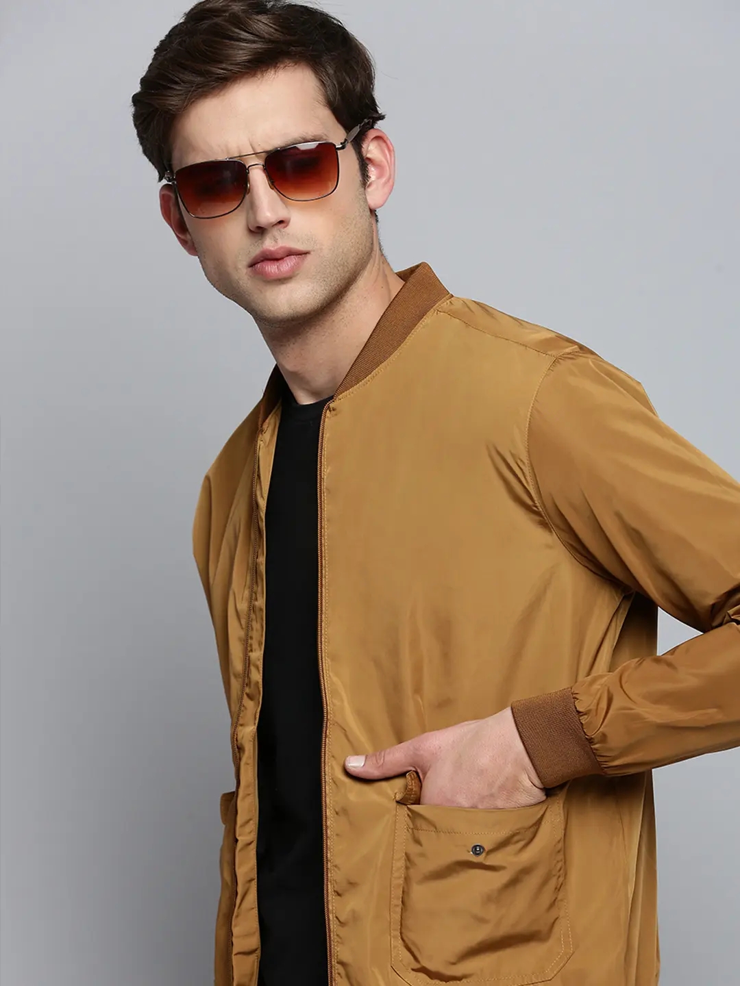 SHOWOFF Men's Mandarin Collar Solid Camel Brown Open Front Jacket